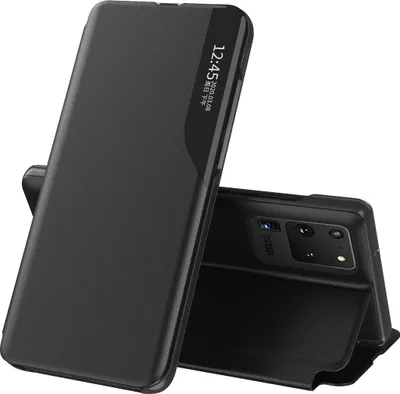 A black flip case for a smartphone is shown in a studio setting.