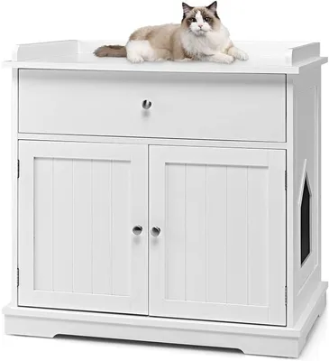 Produktbild von Katzenschrank mit Schublade & Tür & Eingang, 3-in-1 Katzenhaus Katzentoilette Beistelltisch, Schrank Katzenklo Katzenkommode, Katzenhöhle Haustierbox, Katzenmöbel (Weiß)