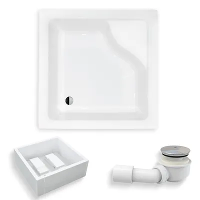 Zdjęcie produktu dla Brodzik Prysznicowy Kwadratowy 90x90x38,5 z Nośnikiem Styropianowym, Akrylowy, Gładki | Syfon odpływ ⌀50 mm + nogi (stelaż) | BADLAND IGOR