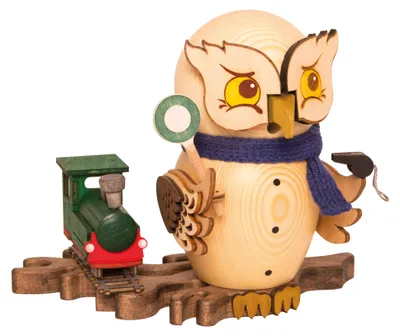 Produktbild von Drechslerei Kuhnert Räucherfiguren - Eule mit Eisenbahn - Eulen aus Holz - ca. 15 cm - 37243