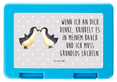 Produktbild von Mr. & Mrs. Panda Vesperbox Pinguine Kuss - Grau Pastell - Geschenk, Lunchbox, Ehefrau, Snackbox, Freund, für Partner, Bento Box, Freundin, Bentobox, Hochzeitstag, Frauen