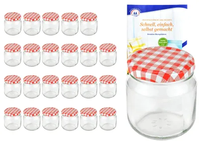 Produktbild von 24er Set Rundglas 212 ml nieder To 66 rot karierter Deckel Sturzgläser Gläser incl. Rezeptheft