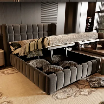 Productafbeelding van LVHOM Gestoffeerd bed 180x200 cm met hydraulische opbergruimte, bed met hoofdeinde, tweepersoonsbed van linnenstof voor een slaapkamer, grijs