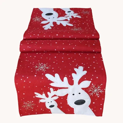 Produktbild von Tischwäsche Tischläufer Stickerei lustiger Elch Winter Weihnachten Deko 40 x 140 cm - rot