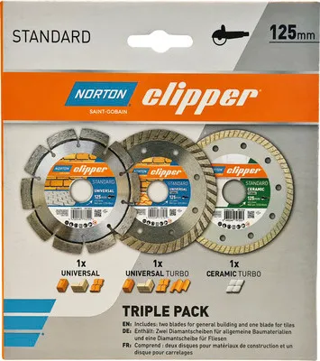 Produktbild von Norton Clipper Diamantscheiben-Set Standard Ø 125x22,23 mm inkl. 3x Diamanttrennscheiben