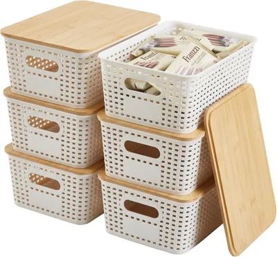 Produktbild von Aufbewahrungsboxen 6er Set, Bambusdeckel, Kunststoff, weiß, für Kleiderschrank
