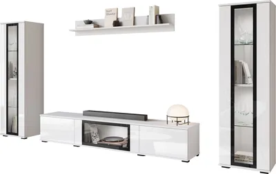Produktbild von MIRJAN24 Wohnwand Caro, TV-Möbel, Große Anbauwand, Schrankwand, Wohnzimmer-Set (Farbe: Weiß / Weiß Hochglanz, mit weißer LED Beleuchtung)