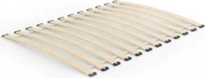 A slatted bed base shown from a diagonal angle on a white background.