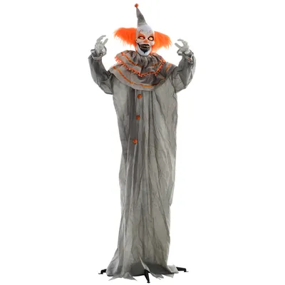 Zdjęcie produktu dla HOMCOM 183 cm Dekoracja na Halloween Stojący Klaun z Oświetleniem LED, Funkcja Dźwięku, Dekoracja na Drzwi Wejściowe z Regulowanymi Ramionami, Figurka Dekoracyjna Ogrodowa Naturalnej Wielkości na Imprezę, Pomarańczowo-Szary