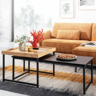 A living room scene with a couch and coffee tables.