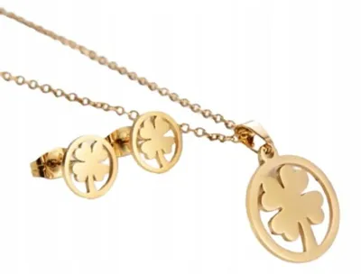 Immagine prodotto di Set Di Gioielli In Acciaio Inox: Collana Dorata E Orecchini A Forma Di Quattro Foglie