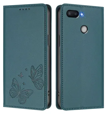 Produktbild von Lederhülle für Xiaomi Redmi 6/Redmi 6A, Schmetterling Prägung Leder Brieftasche Schutzhülle mit Ständer Grün