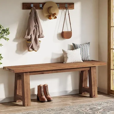 Imagen del producto de Banco de entrada de 140 cm de largo, fabricado en madera maciza, ideal como zapatero de estilo rústico y como banco para el comedor, perfecto para salones, cocinas, pasillos, recibidores, comedores y dormitorios, en color marrón rústico