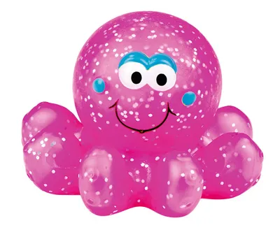 A pink glittery octopus toy with blue eyes and cheeks, smiling.