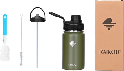 Produktbild von RAIKOU Trinkflasche 350ml Wasserflasche Thermoflasche mit 2 Deckel Olive