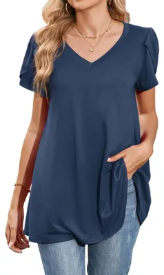 Immagine prodotto di Solidchoice - Camicia da donna a maniche corte con scollo a V, color blu tenue