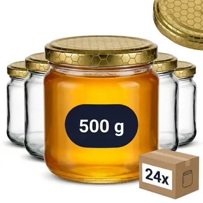 Produktbild von gouveo 24er Set Honiggläser 500g mit Schraub-Deckel Bienenwabe - Leere Vorratsgläser mit Schraubverschluss TO82 mm - Marmeladengläser zum Befüllen