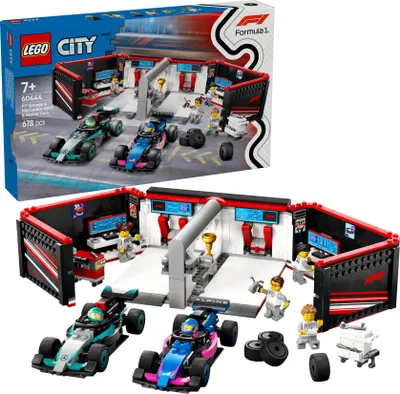 Produktbild von LEGO City F1 Garage mit Mercedes-AMG & Alpine Rennautos - Spielzeug Formel 1 Rennwagen mit 2 Rennfahrern & 4 Mechaniker Minifiguren - Geschenk für Jungen & Mädchen ab 7 Jahren und Fans 60444