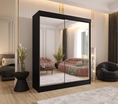Produktbild von Schwebetürenschrank 2-türig 180x205x58 cm Schwarz mit 2 Spiegeln und 4 Schubladen – Moderner Kleiderschrank für Schlafzimmer und Flur