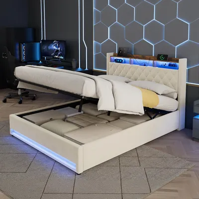 Produktbild von STILVORA Polsterbett 160×200cm mit LED Bleuchtung, Doppelbett mit USB und Steckdosen Stauraumbett mit Stauraum und Kopfteil,ohne Matratze ,Beige