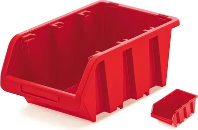A red storage bin and a smaller red storage bin are shown against a white background.