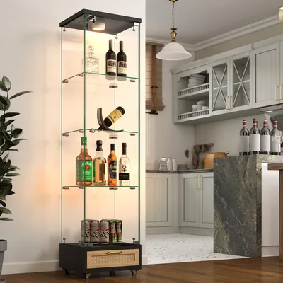 Obrázek produktu pro MODFU vitrína s LED osvětlením a zásuvkami, úložná skříňka, čtyřpatrové skleněné police, knihovna z tvrzeného skla, vhodná do obývacího pokoje nebo koupelny, černá