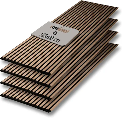 Produktbild von Exeta Home Akustikpaneele I 4 Stück je 60 x 120 cm I Wandpaneele Holzpaneele mit Echtholz-Furnier für akustische Schallabsorption I Farbe: Eiche Royal