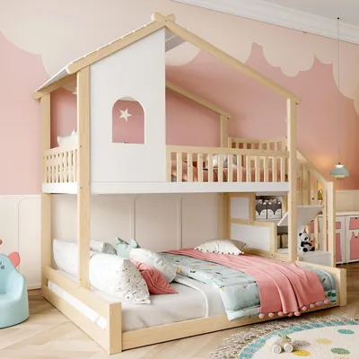 Immagine prodotto di Letto a castello a forma di casetta, dimensioni 90x200 cm e 140x200 cm, con spazio contenitivo e scaletta, realizzato in legno di pino naturale/bianco e MDF