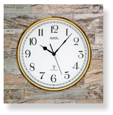 Produktbild von AMS 5567 Wanduhr Funk Funkwanduhr analog eckig Holz-Gehäuse mit Stein-Auflage