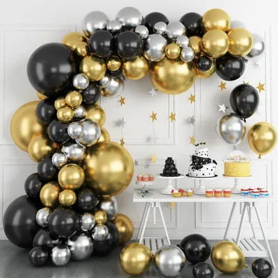 Immagine prodotto di Set di palloncini neri, dorati e argentati, 134 pezzi, ideali per compleanni e feste