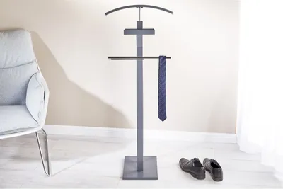Produktbild von Herrendiener ROBIN, schöner Kleiderständer mit Hosenbügel, praktischer Kleiderbutler mit Schmuckablage, moderner Damendiener in grau