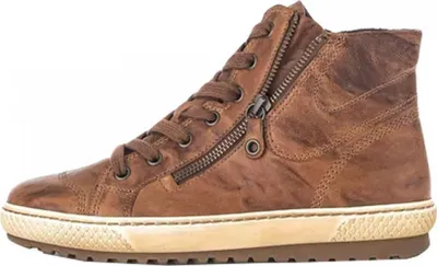 A single brown leather high-top sneaker is shown from the side against a white background.