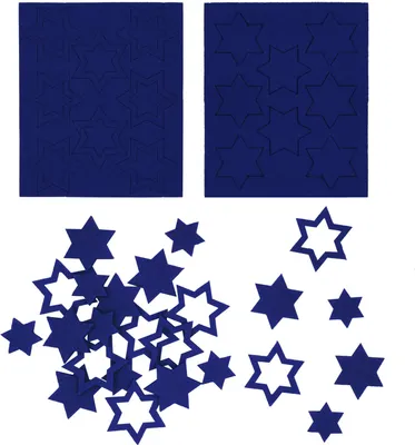 Two sheets of dark blue paper with cut-out star shapes and a pile of dark blue star confetti.