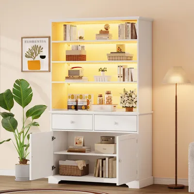 Produktbild von okwish Vitrine Wohnzimmerschrank mit 2 Schubladen und LED Beleuchtung Hochschrank Aufbewahrungsschrank mit offenen Ablagefächern Multifunktionsschrank Weiß