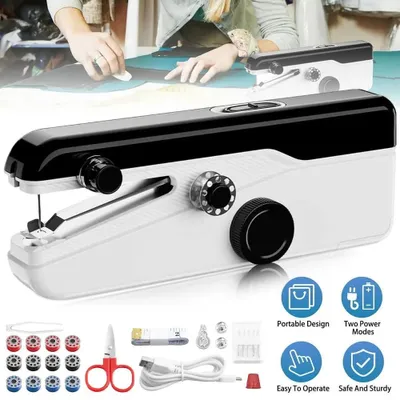 Produktbild von Mini-Handnähmaschine elektrisch mit 2 Geschwindigkeiten, USB- und Batteriebetrieb inklusive Nähzubehör