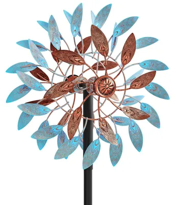 Windmühle Gartendekoration mit Federblättern, blau + braun, Metall, 141 cm