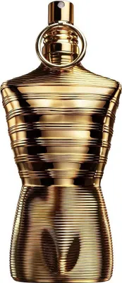 A gold-colored perfume bottle shaped like a male torso, presented on a white background.