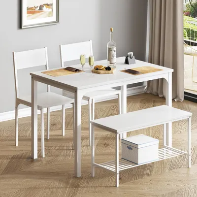 Immagine prodotto di Set tavolo da pranzo per 4 persone, 110 cm, con 2 sedie e una panca, colore bianco
