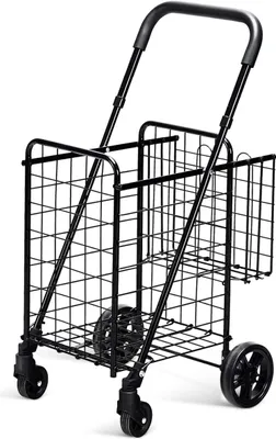 Produktbild von GOPLUS Klappbarer Einkaufswagen, Einkaufstrolley mit Verstellbarem Griff & 4 Universalrädern, Rollwagen Allzweckwagen mit 2 Fächer