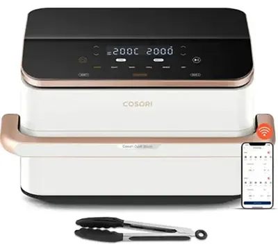 Immagine prodotto di Friggitrice ad aria COSORI Dual Blaze TwinFry CAF-TF101-WEUR 10 L 2800 W, rivestimento in Vetroceramica, fino a 240 °C, con divisorio e 2 piastre per croccantezza, bianca
