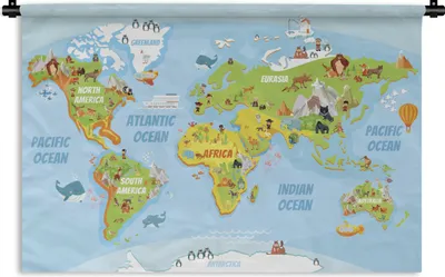 Produktbild von MuchoWow® Wandteppich Wandbehang Weltkarte - Kinder - Tiere 90x60 cm Tapisserie Dekoration Wandtuch - Wandskulpturen - Bildteppich