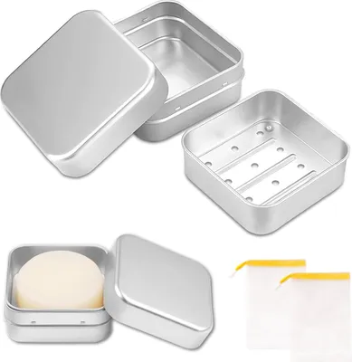 Produktbild von Aluminium Seifenschalen Set - Kompakte Seifenlagerung für Reisen und Zuhause - Wasserdicht - Inklusive Abtropfgitter - Seifensäckchen - Feste Shampoo - 2 Stück