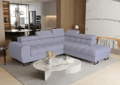 Productafbeelding van Eckbank met slaapfunctie, model BASTIEN MAX, bekleed met stof Primo in de kleur blauwgrijs, met een ottomaan aan de rechterkant
