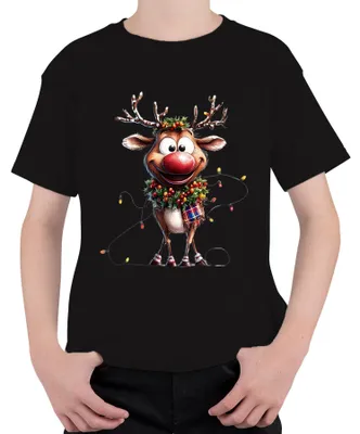 Produktbild von Weihnachtsrentier rote Nase Lichterkette Kranz lustig Cartoon Kinder T-Shirt, Schwarz, 128