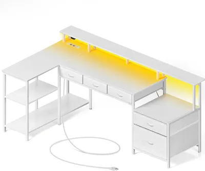 Imagen del producto de Escritorio en forma de L - Escritorio de esquina con espacio de almacenamiento - Organización para trabajar desde casa - Tomas de corriente integradas - 163 cm de ancho - Blanco