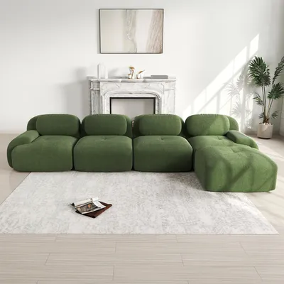 Zdjęcie produktu dla Czteromiejscowa narożna sofa z tkaniny sztruksowej z leżanką, bezramowa, antypoślizgowa, 388 x 178 x 75 cm, zielona