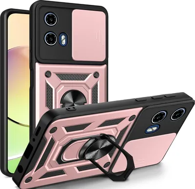 A rose gold and black phone case with a camera cover and ring holder is displayed against a white background.