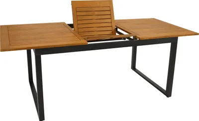 A wooden and metal outdoor dining table with an extension mechanism.