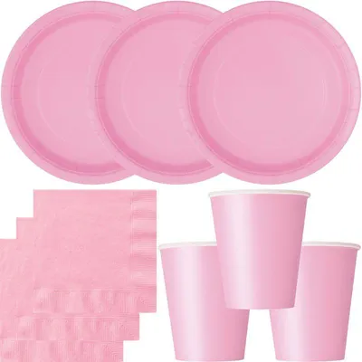 Produktbild von Party Deko Set rosa Einweggeschirr für 16 Personen Teller, Becher, Servietten