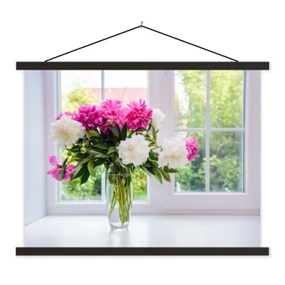 Produktbild von MuchoWow® Textilposter Blumen - Pfingstrosen - Vase 40x30 cm mit schwarzem Rahmen - Dekorationen